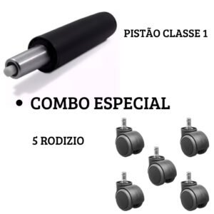 Kit Pistão Classe 1 + 5 Rodízios para Cadeira Giratória - Solução Completa